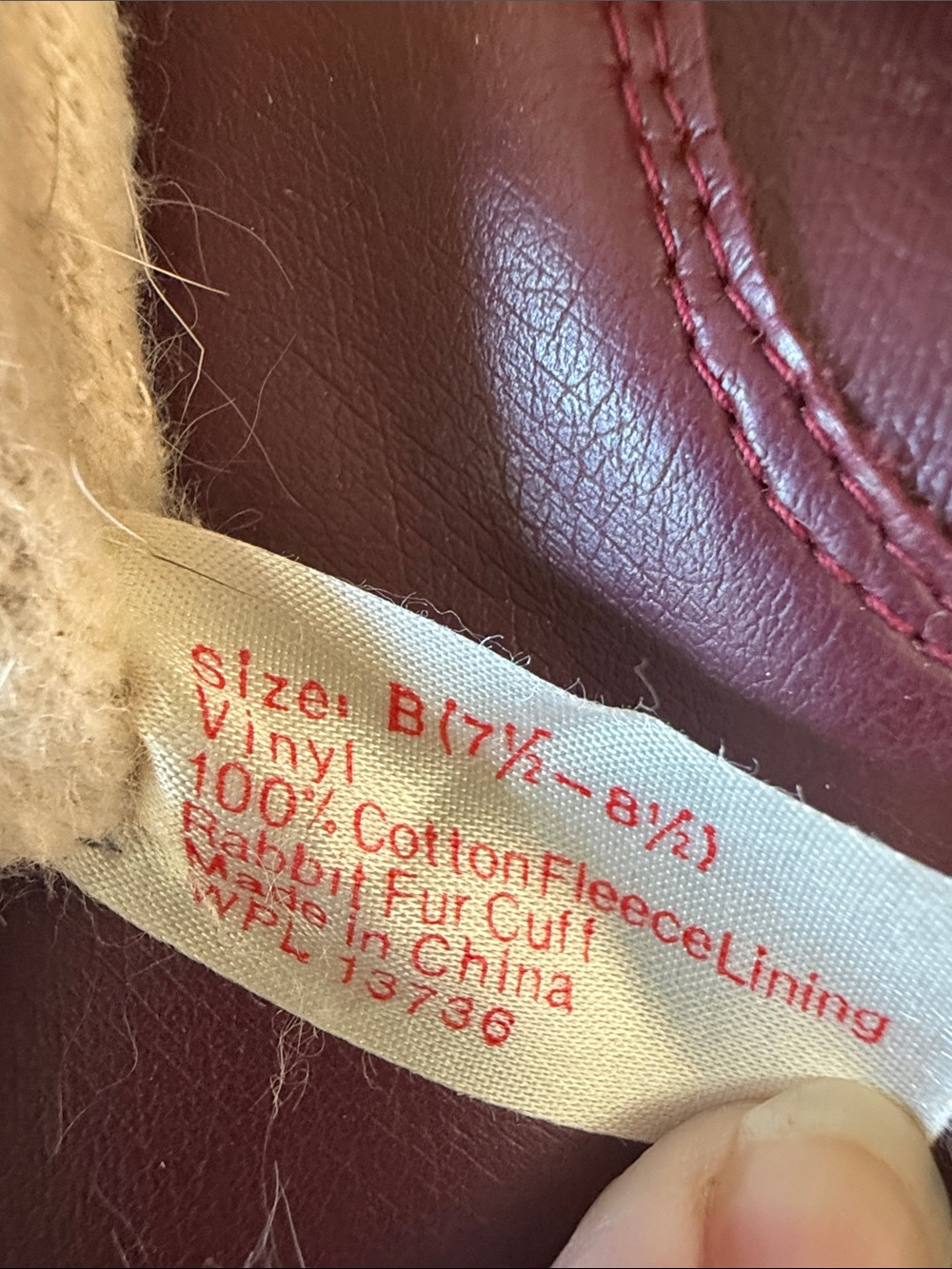 Vintage Burgundy Driving Leather-Look 100% cotton fleece Lined Gloves with Rabbi - Picture 7 of 8